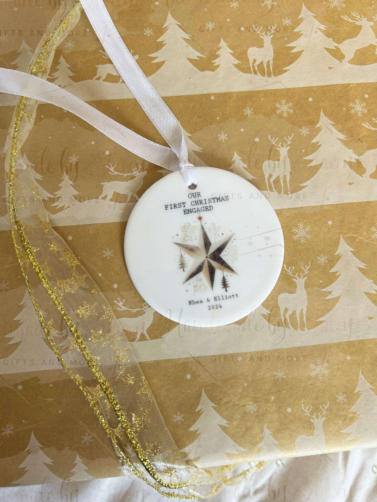 Personalised Christmas Bauble|Ceramic Tree Decoration|Editable Text|First Christmas Engaged|Bride Groom To Be Token Gift Idea|Festive Home