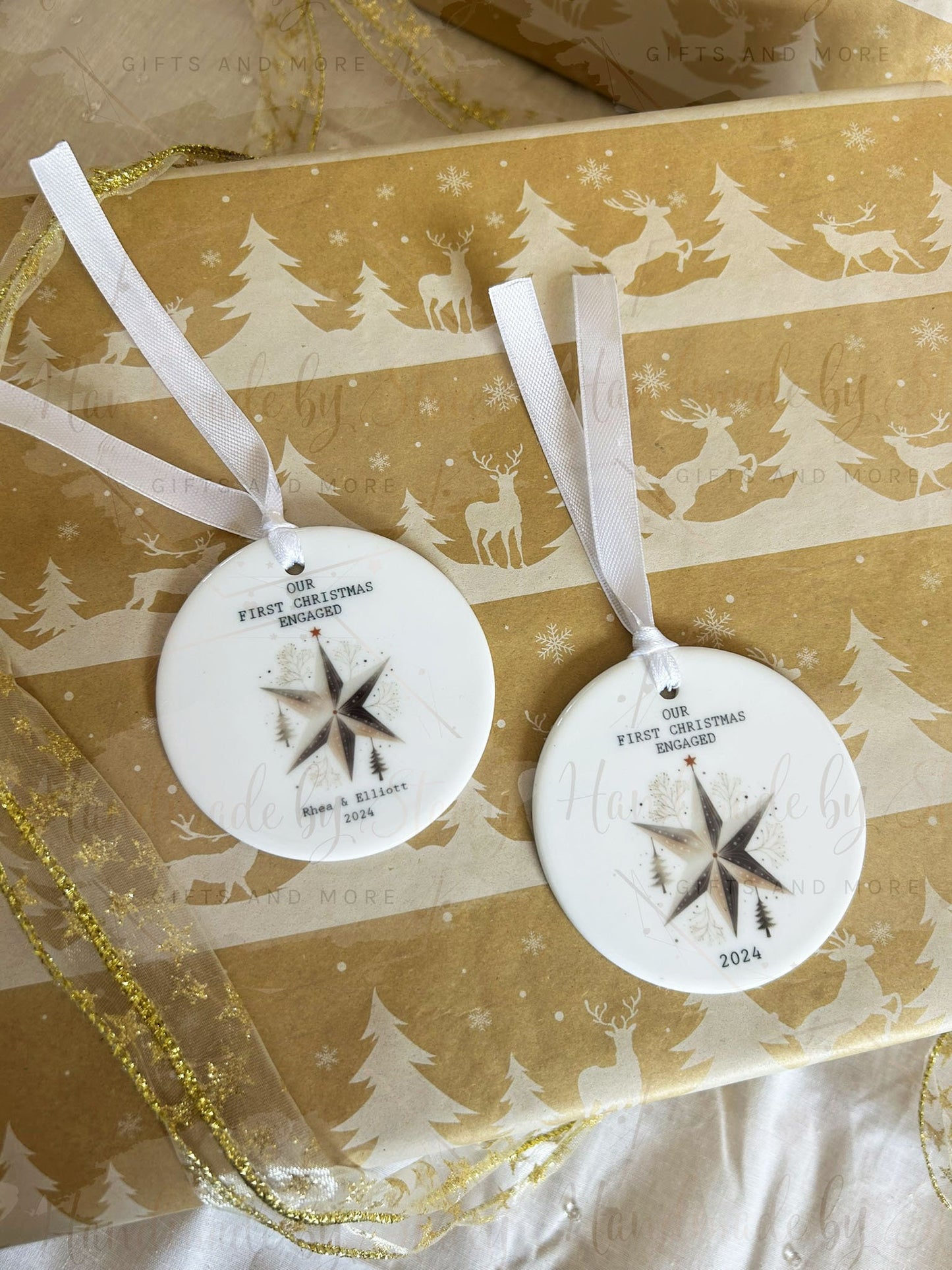 Personalised Christmas Bauble|Ceramic Tree Decoration|Editable Text|First Christmas Engaged|Bride Groom To Be Token Gift Idea|Festive Home