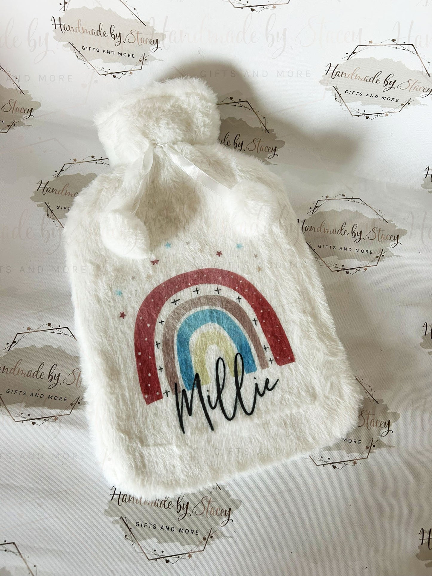 Personalised Hot Water Bottle|Pink Rainbow Design|Editable Text|Limited Birthday Christmas Warm Gift Idea|For Mum Grandparent Friend