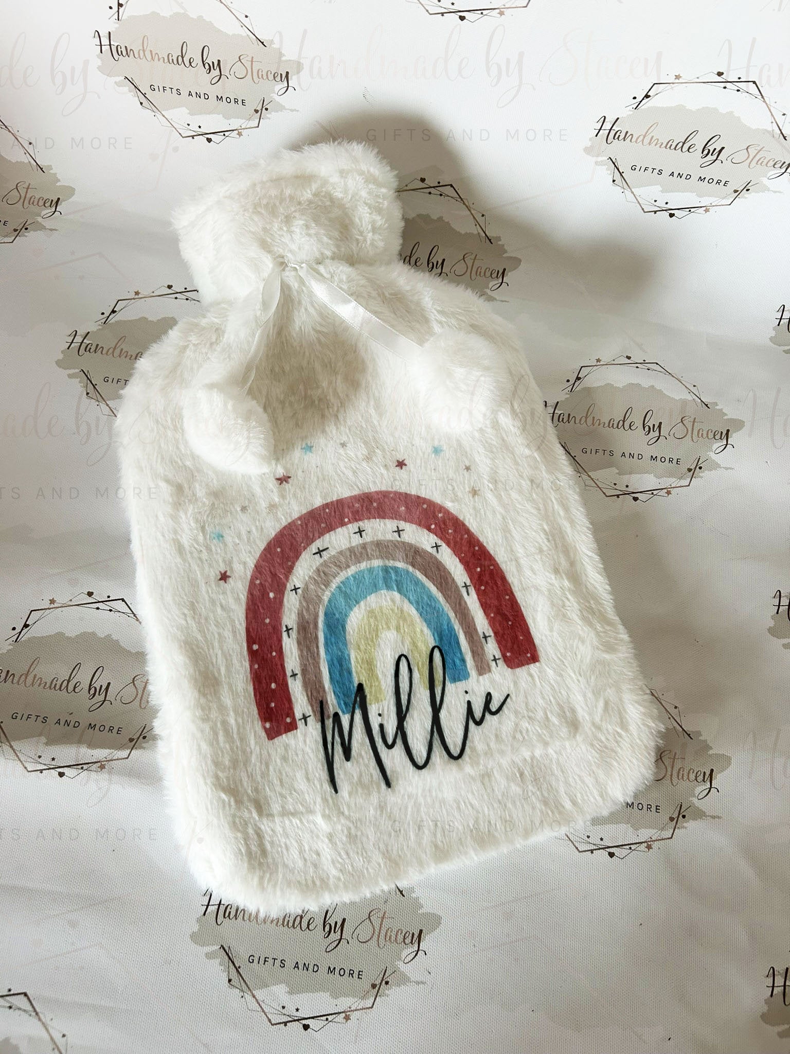 Personalised Hot Water Bottle|Pink Rainbow Design|Editable Text|Limited Birthday Christmas Warm Gift Idea|For Mum Grandparent Friend