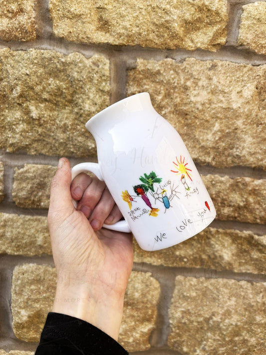 Personalised Jug|Ceramic Floral Vase|Child Artwork Handprints Drawing Gift Idea|Beautiful Flower Gift Idea for Father Mothers Day From Kids
