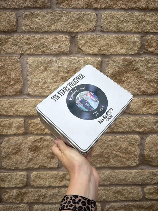 Personalised Novelty Metal Tin|Anniversary|Tin Years|Ten Years|Record Player|Photo Gift|Couples Keepsake Present|Fillable Box|