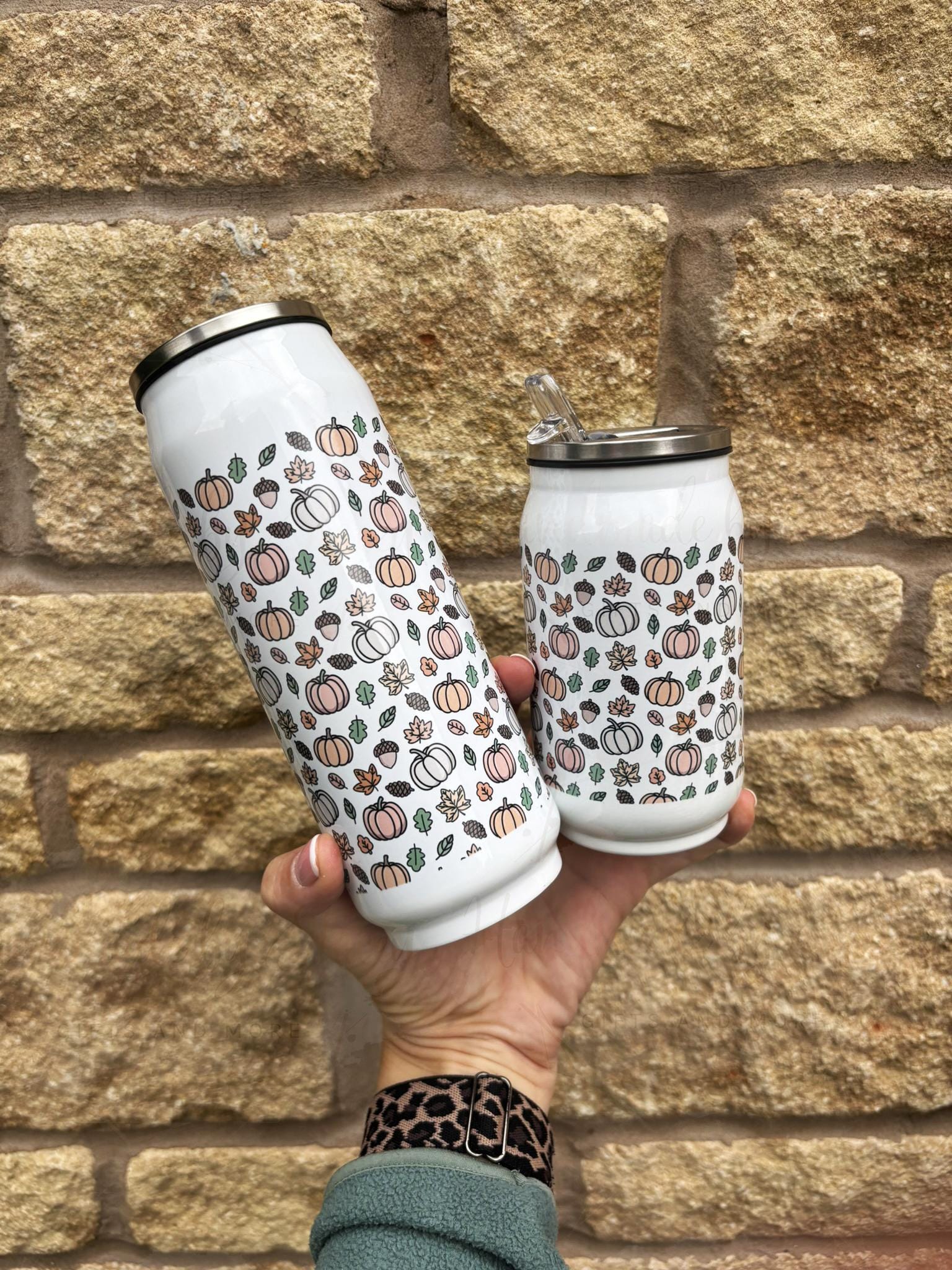 Personalised Autumnal Pumpkin Stainless Steel Can with Straw|9 or 14oz|Drinks Bottle