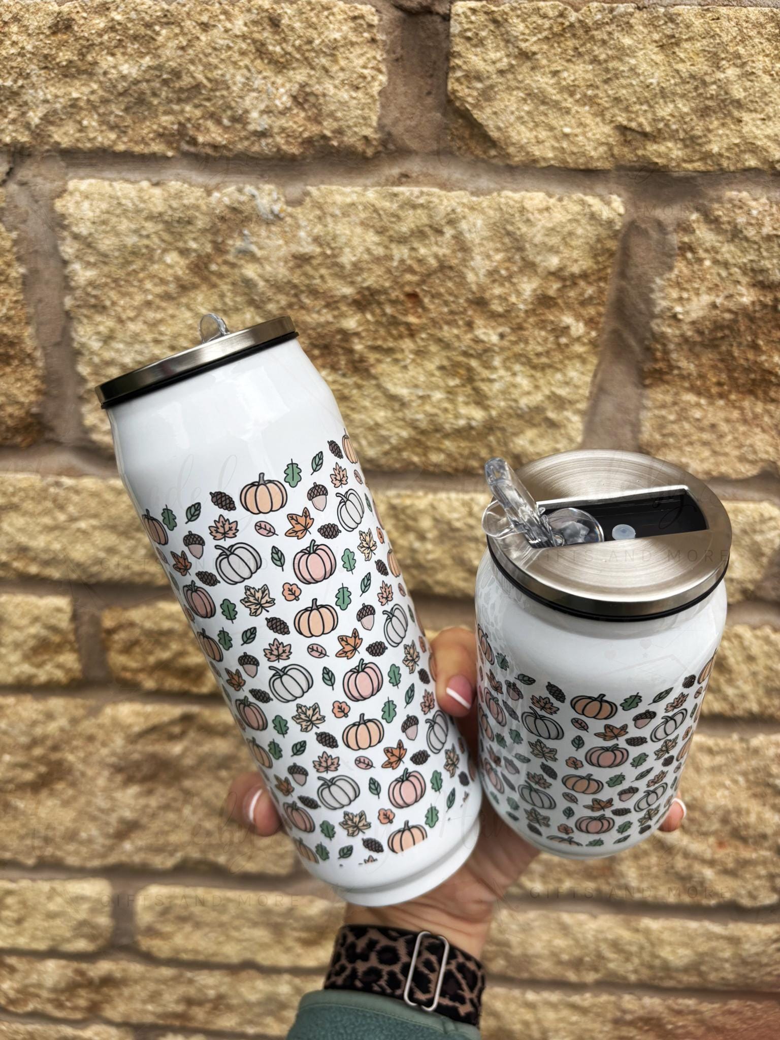 Personalised Autumnal Pumpkin Stainless Steel Can with Straw|9 or 14oz|Drinks Bottle