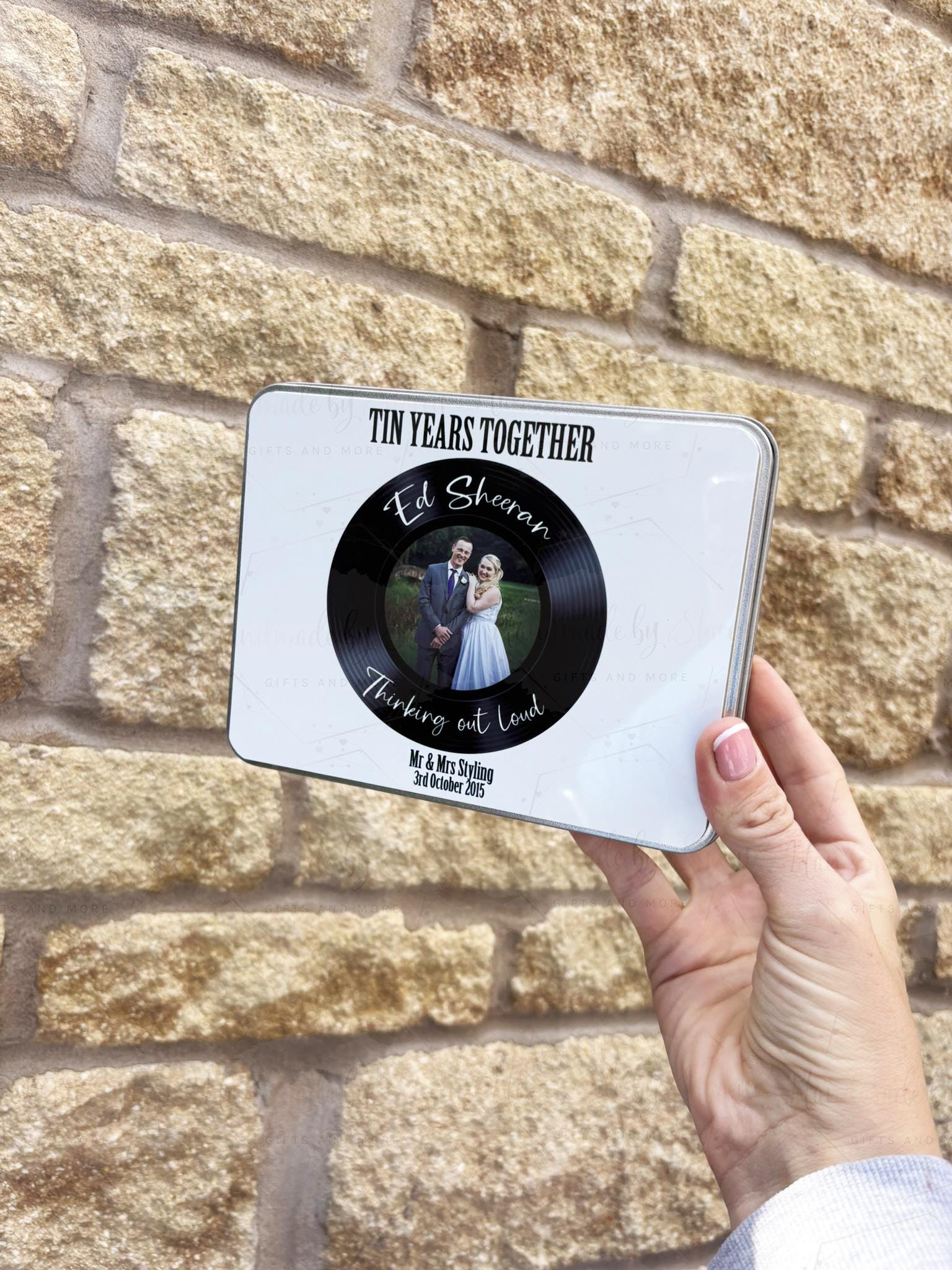 Personalised Novelty Metal Tin|Anniversary|Tin Years|Ten Years|Record Player|Photo Gift|Couples Keepsake Present|Fillable Box|