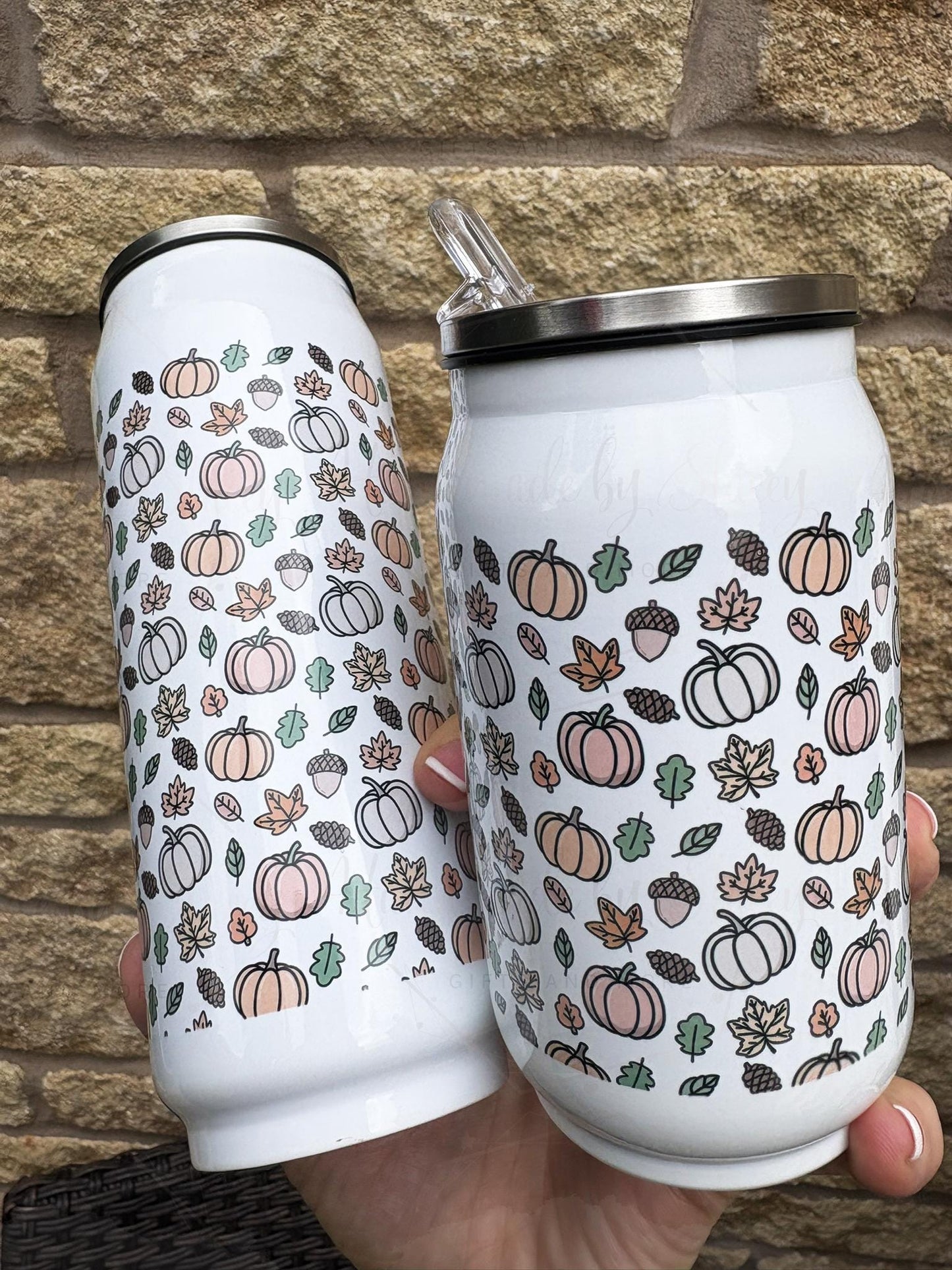 Personalised Autumnal Pumpkin Stainless Steel Can with Straw|9 or 14oz|Drinks Bottle