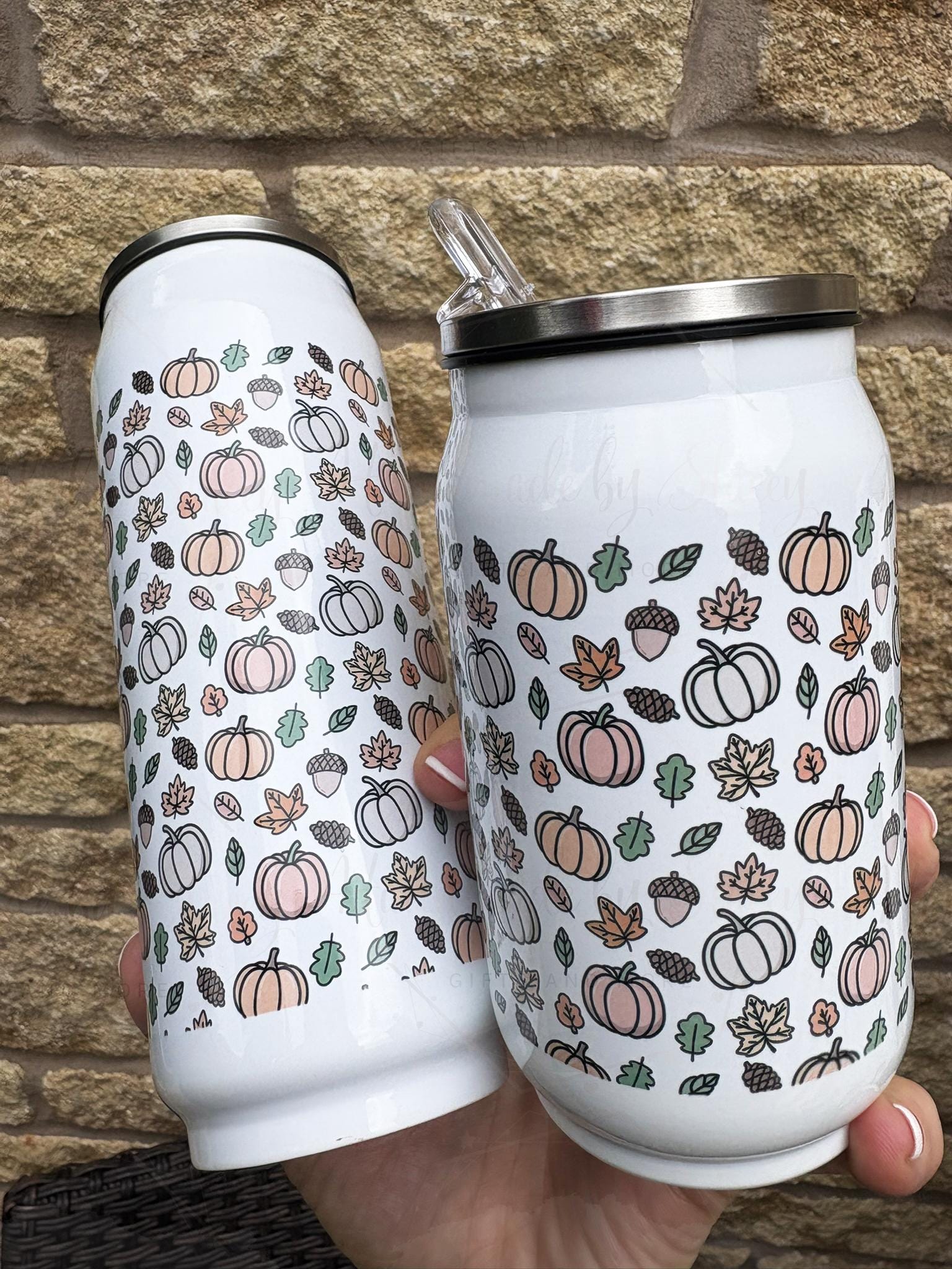 Personalised Autumnal Pumpkin Stainless Steel Can with Straw|9 or 14oz|Drinks Bottle