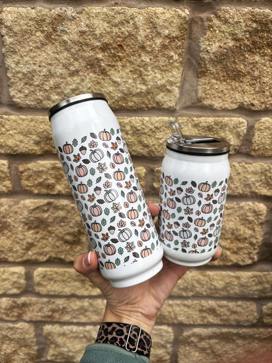 Personalised Autumnal Pumpkin Stainless Steel Can with Straw|9 or 14oz|Drinks Bottle