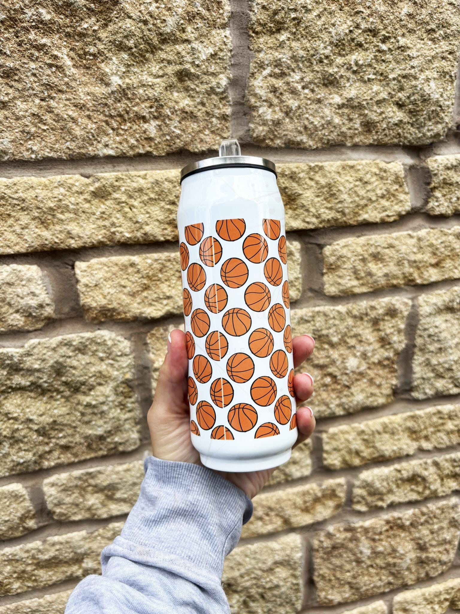 Personalised Basketball Stainless Steel Can with Straw|Two Sizes|Editable Text|