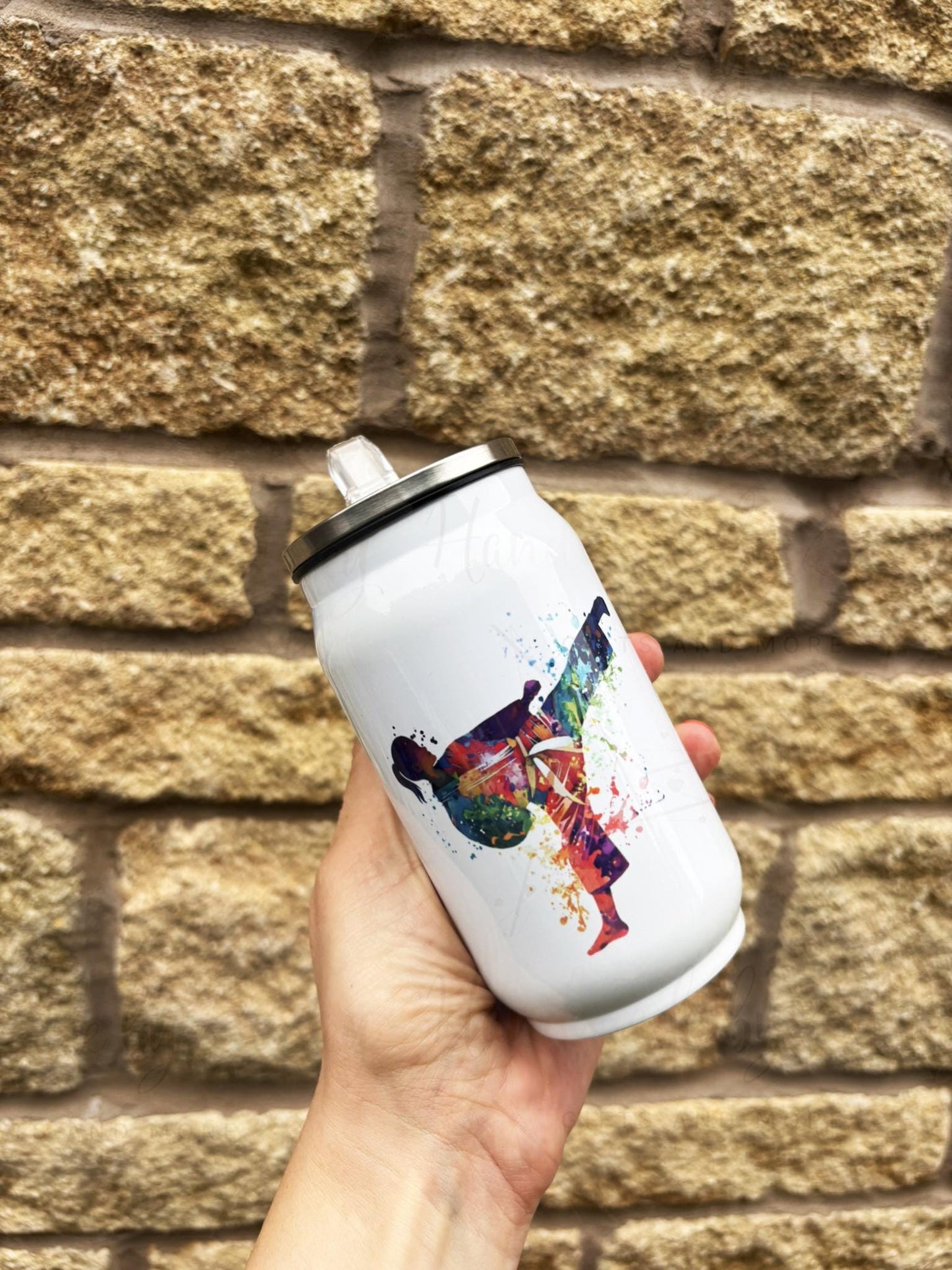 Personalised Male/Female Martial Arts Stainless Steel Can with Straw - Two Sizes Editable Text