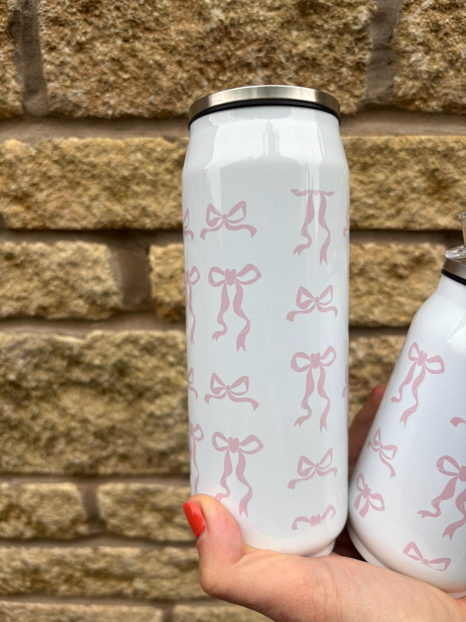 Personalised Pink Coquette Bow Stainless Steel Can with Straw|Two Sizes|Editable Text|