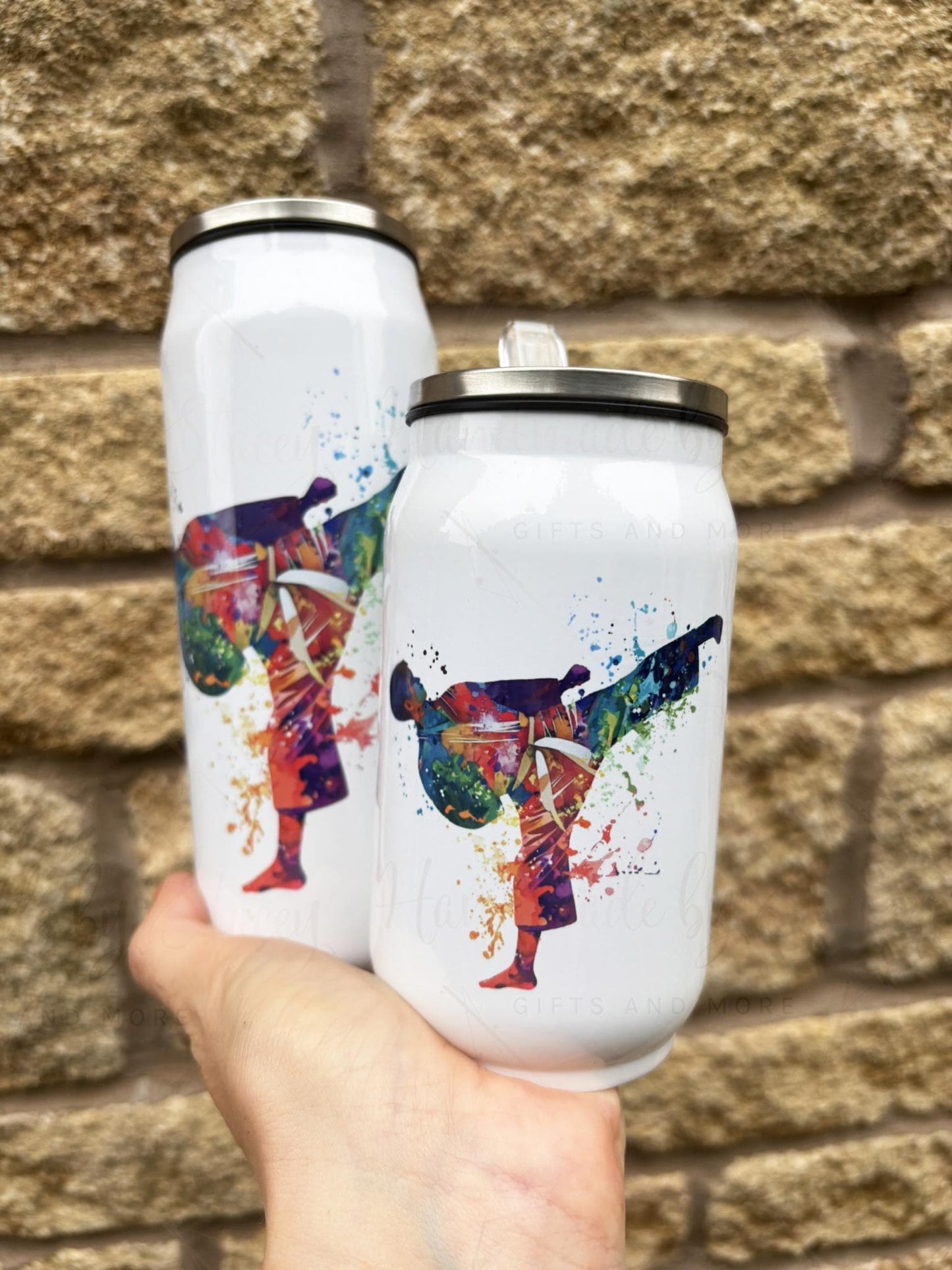 Personalised Male/Female Martial Arts Stainless Steel Can with Straw - Two Sizes Editable Text