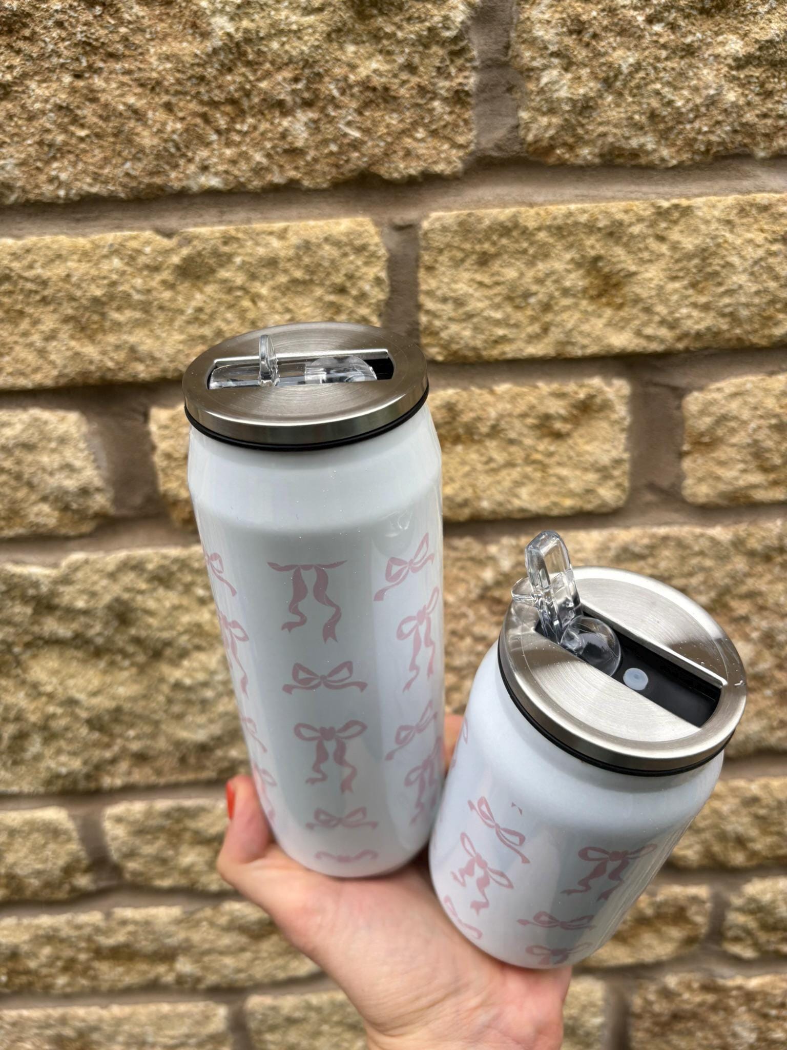 Personalised Pink Coquette Bow Stainless Steel Can with Straw|Two Sizes|Editable Text|