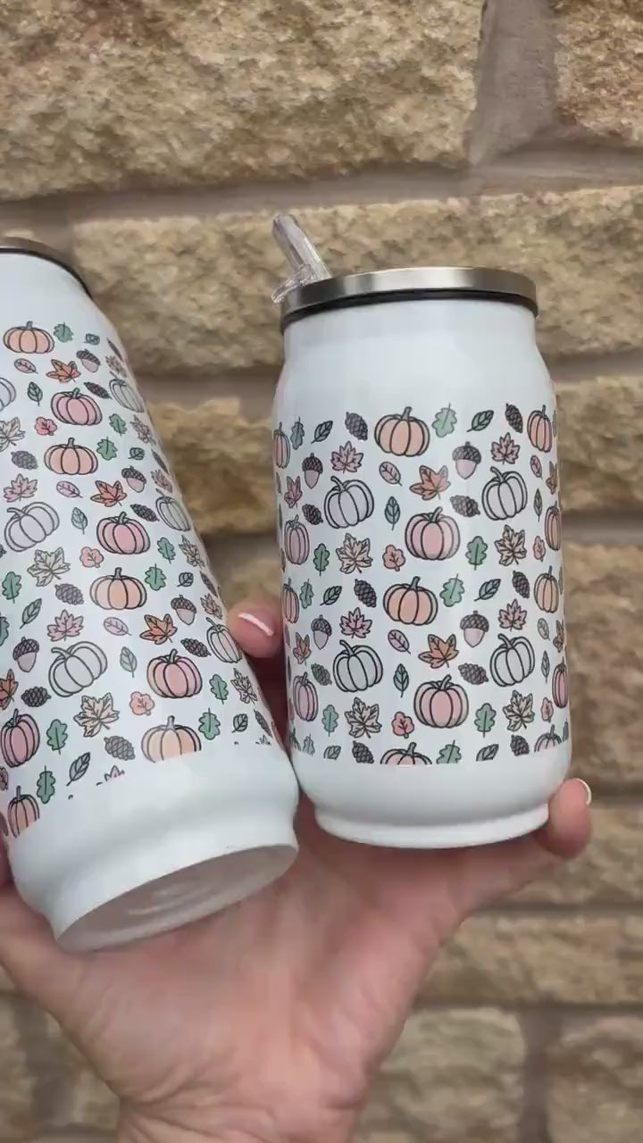 Personalised Autumnal Pumpkin Stainless Steel Can with Straw|9 or 14oz|Drinks Bottle