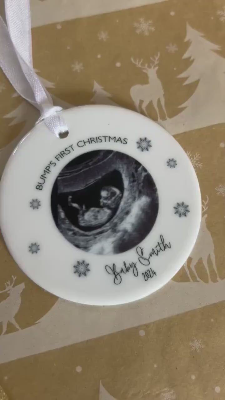 Personalised Christmas Bauble|Ceramic Tree Decoration|Editable Text|First Christmas Baby Scan|Bumps First Christmas|Photo Gift Mum Dad To Be