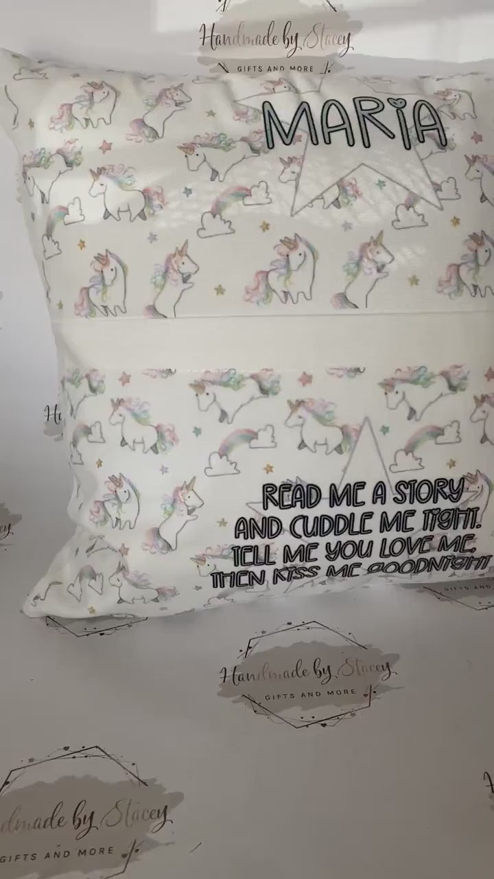 Personalised Book Cushion/Rainbow Hearts Pocket Cushion/Super Soft Custom Text Gift Idea for Daughter/Niece/Grandchild/Bedroom Decor