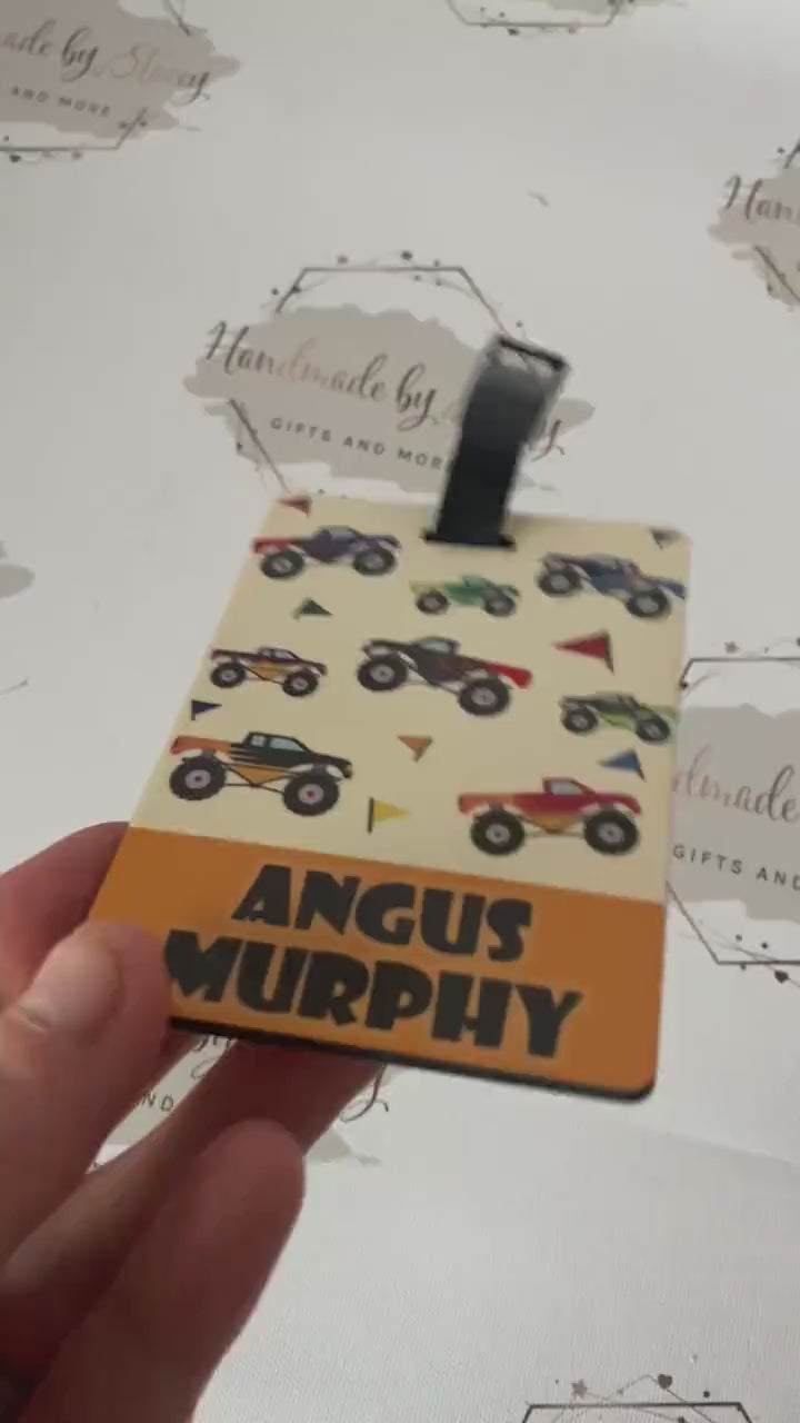 Personalised Childrens Passport Holder|Monster Truck Design PU Leather|Custom Text|MDF Luggage Tag|School Name Tag|Gift for Child|Travelling