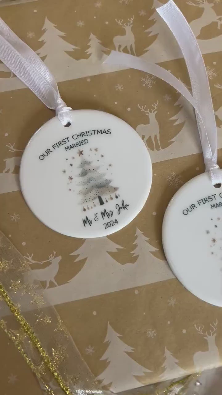 Personalised Christmas Bauble|Ceramic Tree Decoration|Editable Text|First Christmas as Mr Mrs|Mr and Mr|Mrs & Mrs|Married in 2024