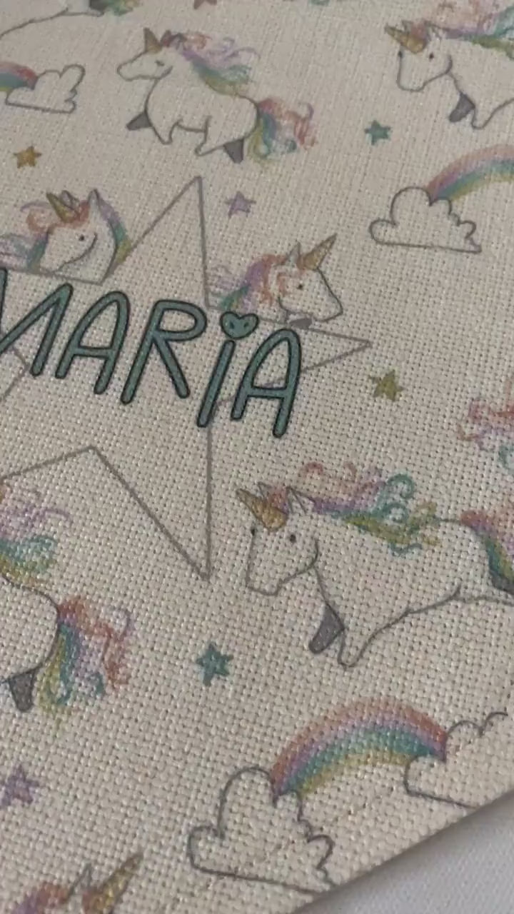 Personalised Linen Flag|Rainbow Unicorn Design|Editable Text|Nursery Bedroom Decor for Daughter|Niece|Grandchild|New Baby Gift|Christening