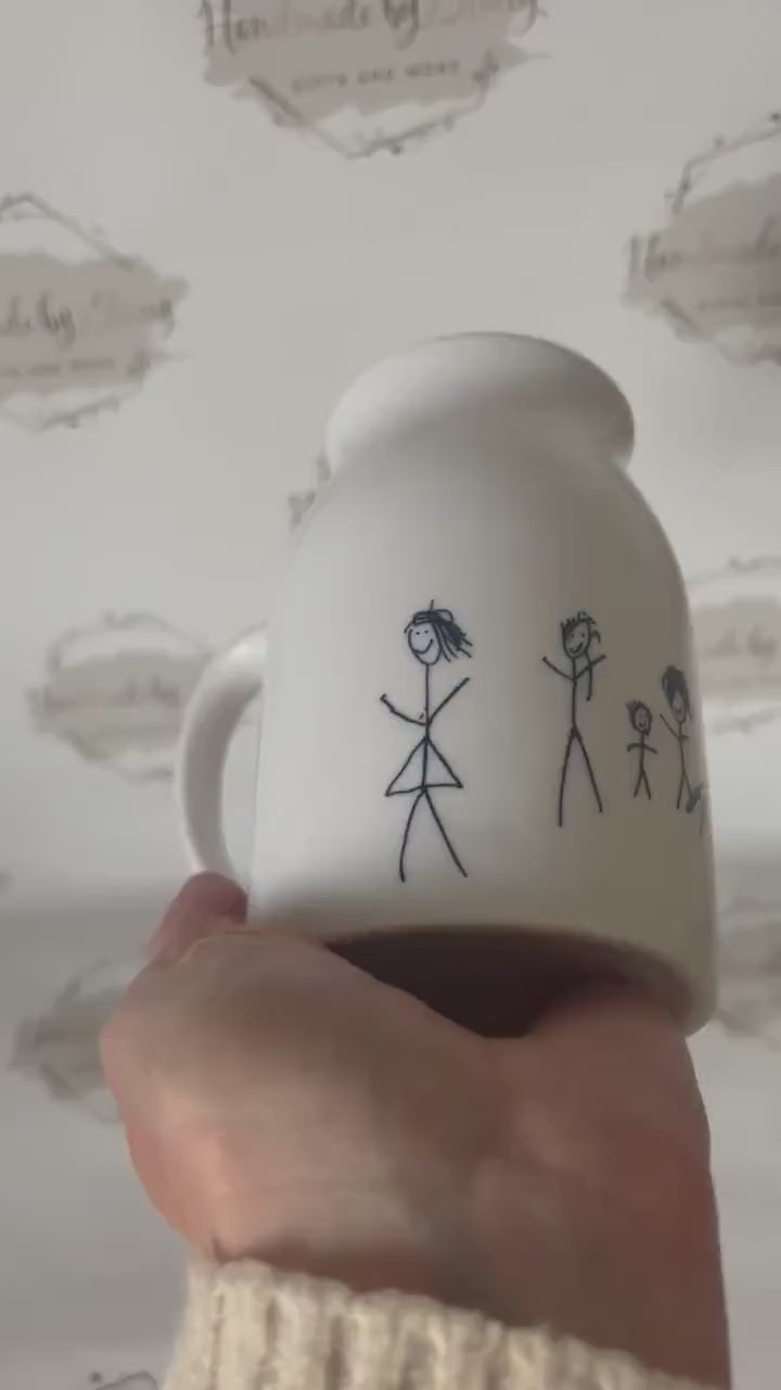 Personalised Jug|Ceramic Floral Vase|Child Artwork Handprints Drawing Gift Idea|Beautiful Flower Gift Idea for Father Mothers Day From Kids