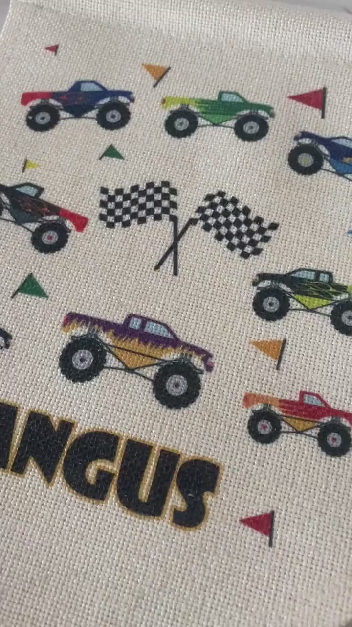 Personalised Linen Flag|Monster Truck Car Design|Editable Text|Nursery Bedroom Decor for Son|Nephew|Grandchild|New Baby Gift|Baby Shower