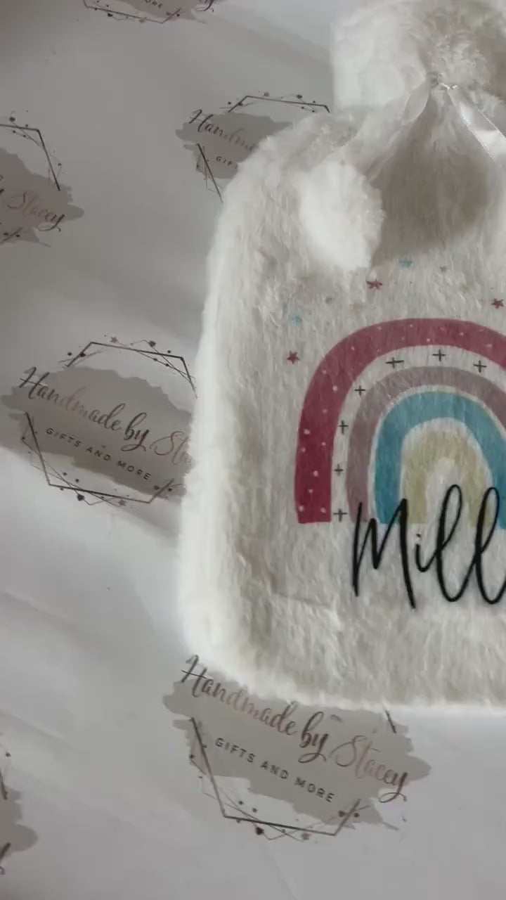Personalised Hot Water Bottle|Pink Rainbow Design|Editable Text|Limited Birthday Christmas Warm Gift Idea|For Mum Grandparent Friend