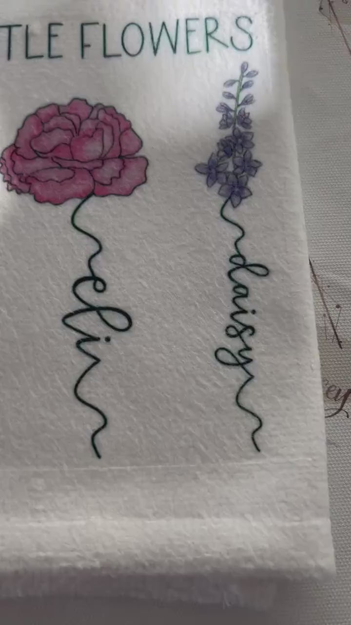 Personalised Kitchen Tea Towel|Birth Flower Design|Unique Homeware Gift for Mothers day|Grandparents|Loved One|From Grandchildren