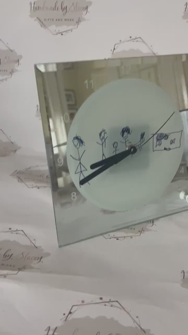 Personalised Glass Clock|Childs Artwork Drawing Working Mechanical Clock with Stand|Beautiful Gift Idea for Mother's Day|Father's Day|