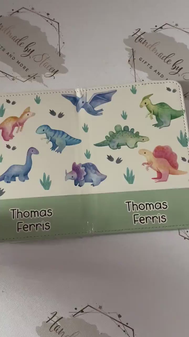 Personalised Childrens Passport Holder|Dinosaur Design PU Leather|Custom Text|MDF Luggage Tag|School Name Tag|Gift for Child|Travelling