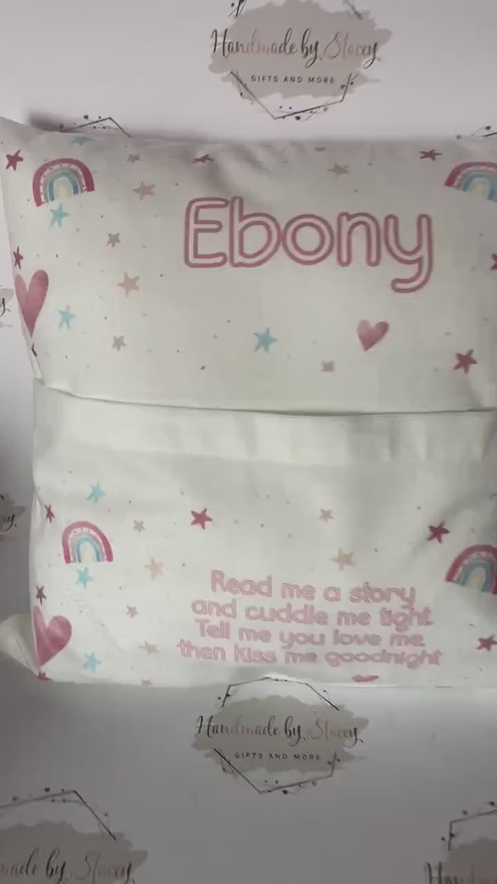 Personalised Book Cushion/Rainbow Hearts Pocket Cushion/Super Soft Custom Text Gift Idea for Daughter/Niece/Grandchild/Bedroom Decor