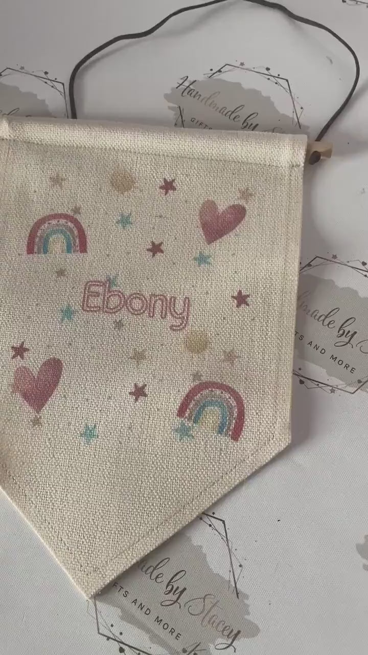 Personalised Linen Flag|Pink Rainbow Design|Editable Text|Nursery Bedroom Decor for Daughter|Niece|Grandchild|New Baby Gift|Baby Shower