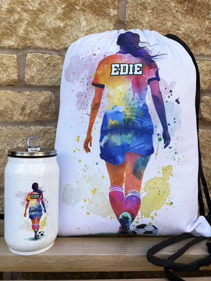 Personalised Watercolour Girls Football Drawstring Bag