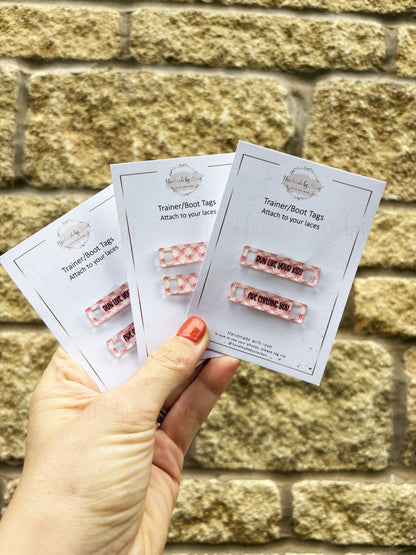 Personalised Acrylic Shoe Trainer Boot Tags, Pink Design
