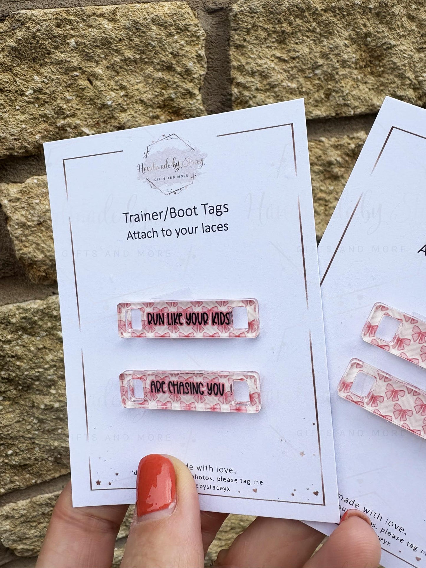 Personalised Acrylic Shoe Trainer Boot Tags, Pink Design