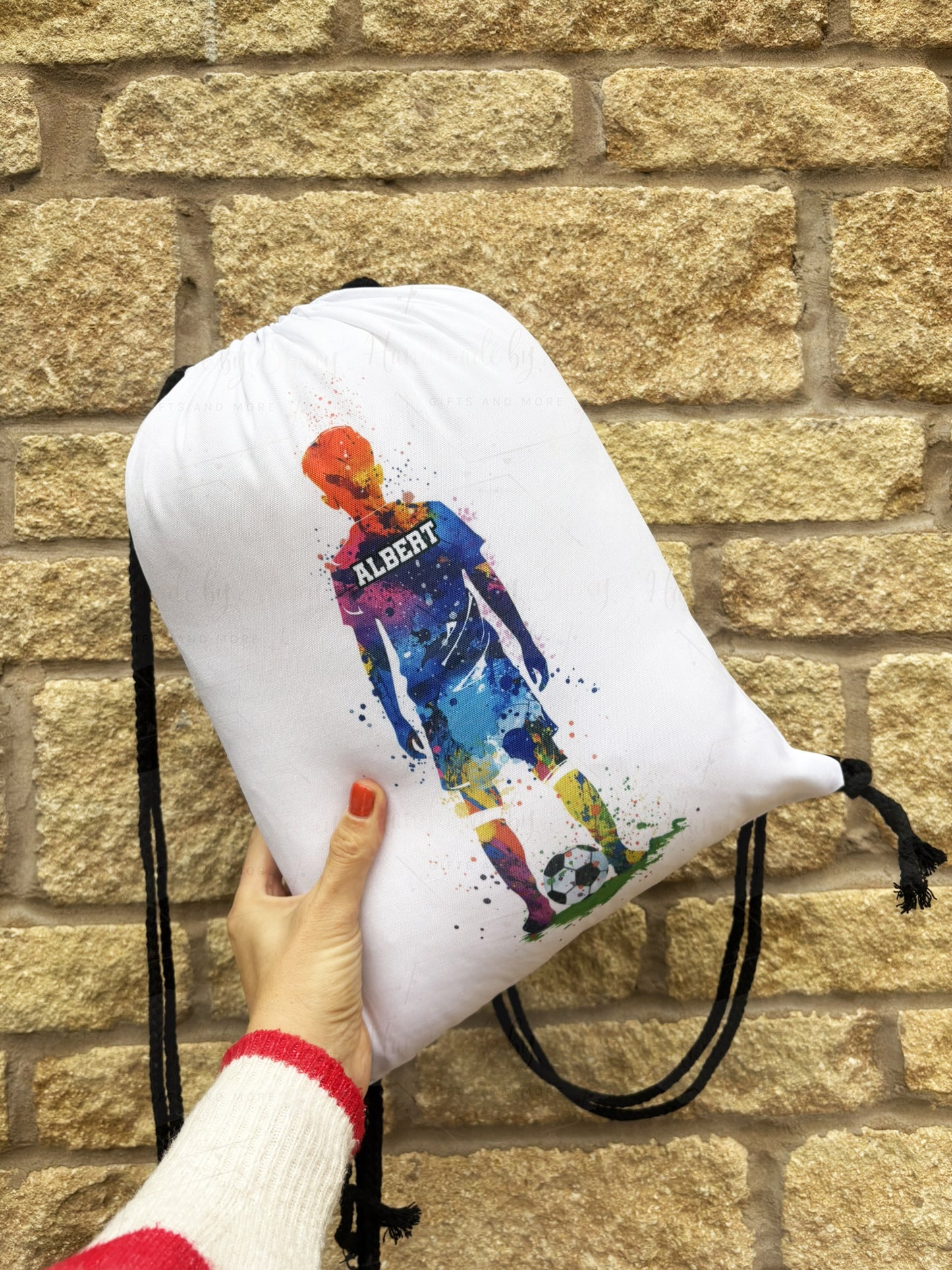Personalised Watercolour Boys Football Drawstring Bag