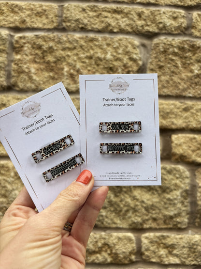 Personalised Acrylic Shoe Trainer Boot Tags, Pink Design