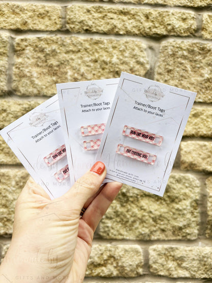 Personalised Acrylic Shoe Trainer Boot Tags, Pink Design
