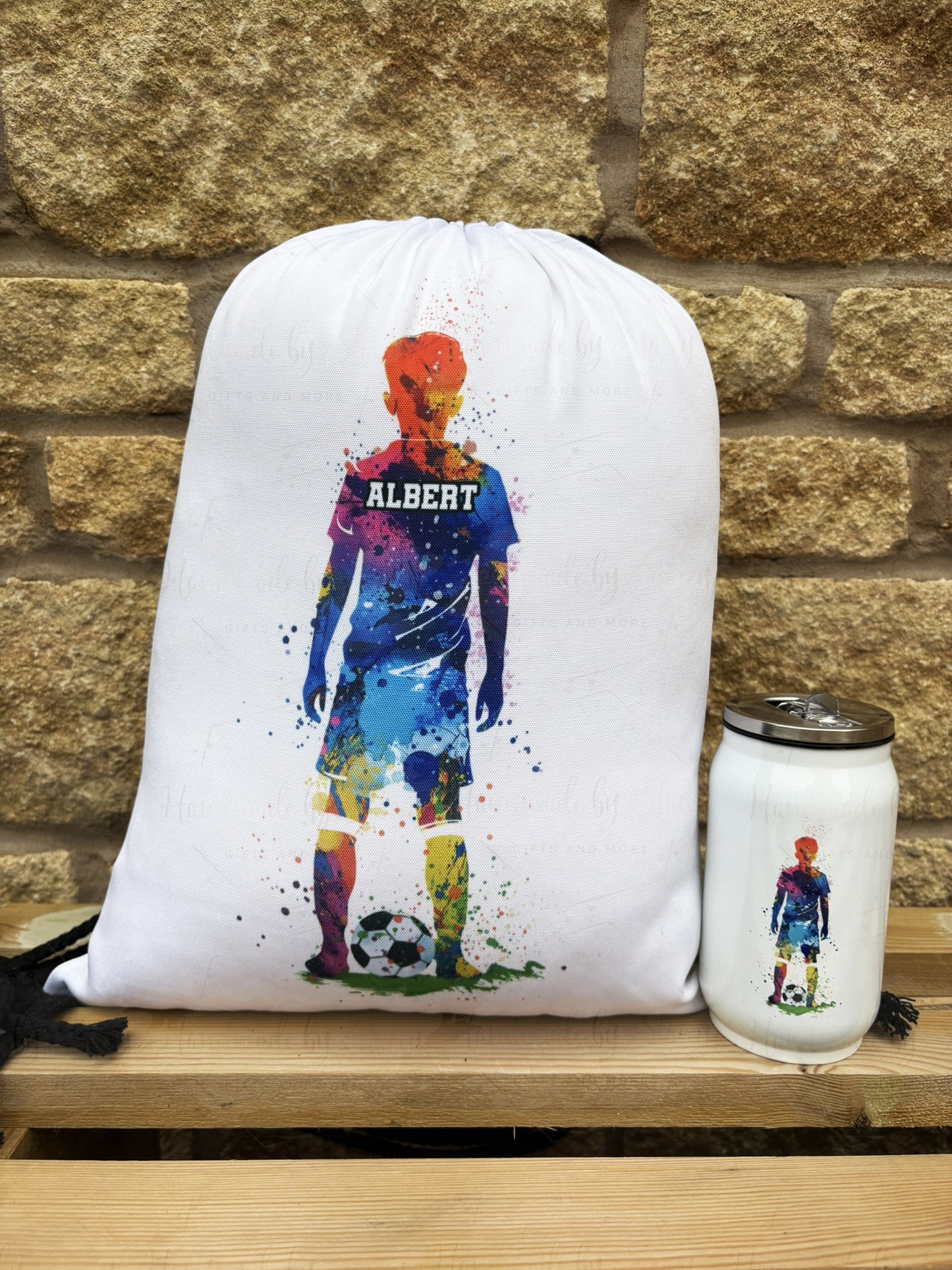 Personalised Watercolour Boys Football Drawstring Bag