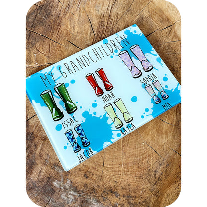 Personalised Chopping Board|Kitchen Gift Idea|Rainy Puddle Grandchildren Wellies Cutting Board|Gift Idea for Grandparents|Editable Text