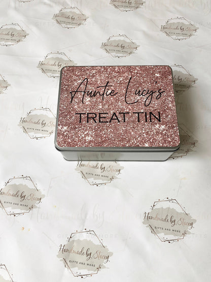 Personalised Novelty Metal Tin|Rose Glitter Design|Birthday Christmas Gift|Editable Text|Sweet Biscuit Self Care Box|Treat for Friend