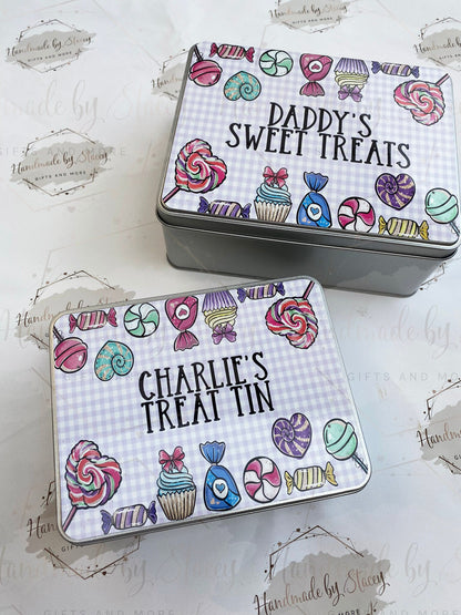 Personalised Novelty Metal Tin|Sweets Design|Birthday Mothers Fathers Day Christmas Gift|Editable Text|Chocolate Treat Tin