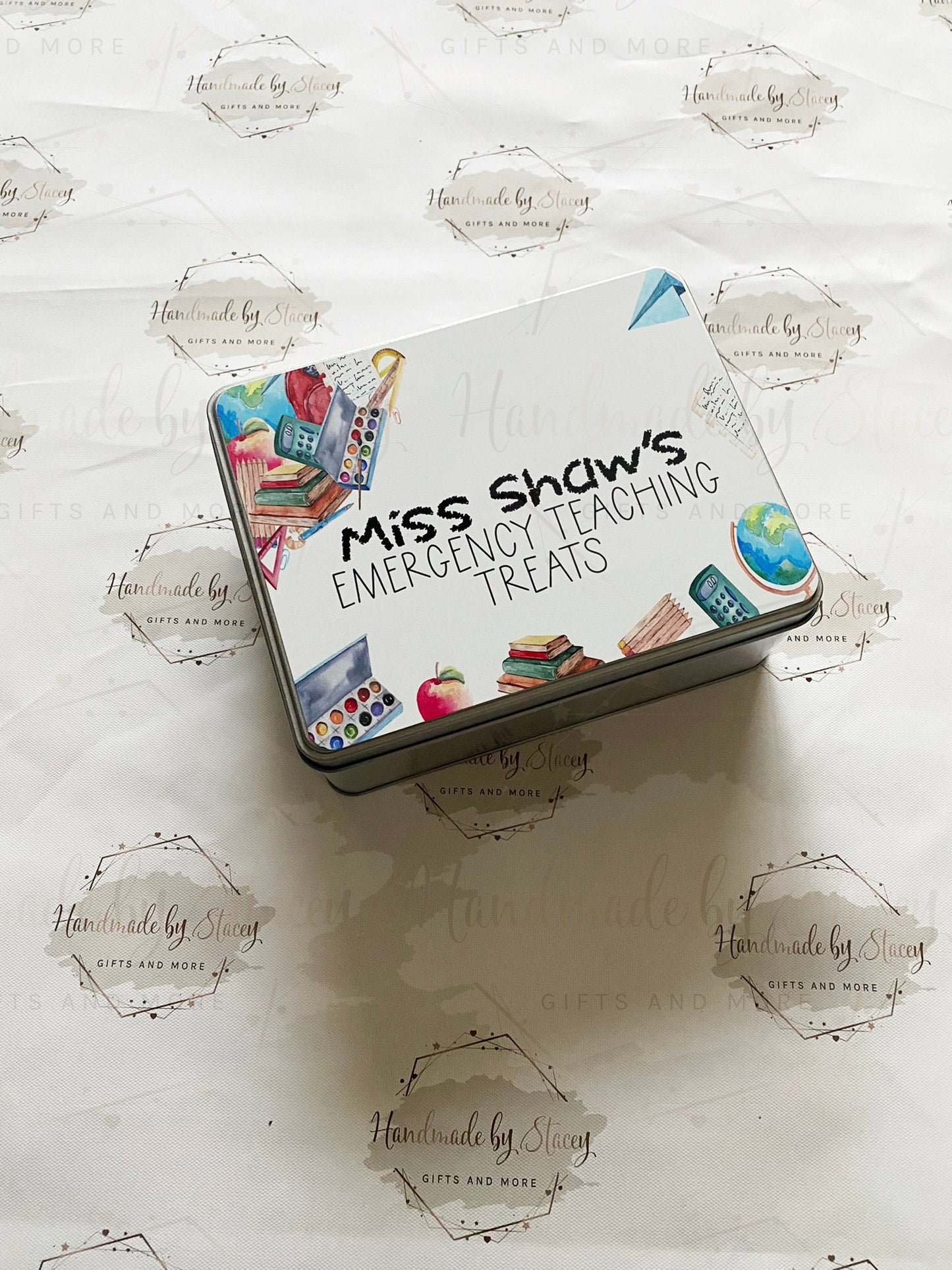 Personalised Novelty Metal Tin|Thank you Teacher|Biscuit Sweet Tin for TA|Emergency Teacher Supplies|Funny Unique Gift Idea
