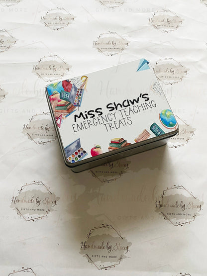 Personalised Novelty Metal Tin|Thank you Teacher|Biscuit Sweet Tin for TA|Emergency Teacher Supplies|Funny Unique Gift Idea