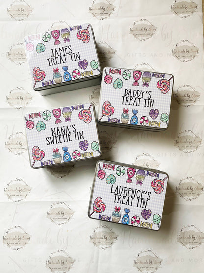 Personalised Novelty Metal Tin|Sweets Design|Birthday Mothers Fathers Day Christmas Gift|Editable Text|Chocolate Treat Tin