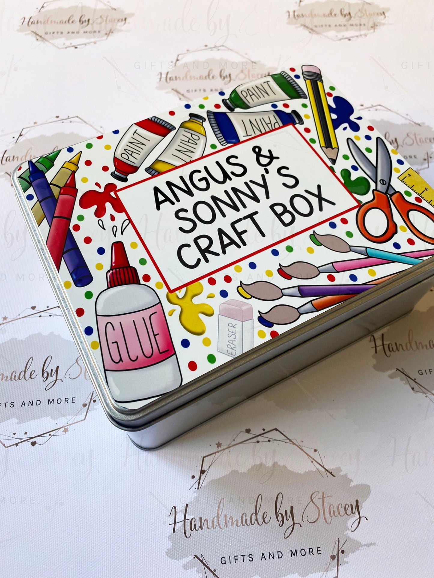 Personalised Novelty Metal Tin|Crafting Tin|Paint Pots Glue Scissors Crayons|Birthday Christmas Gift Idea Toddler Child Treat Box