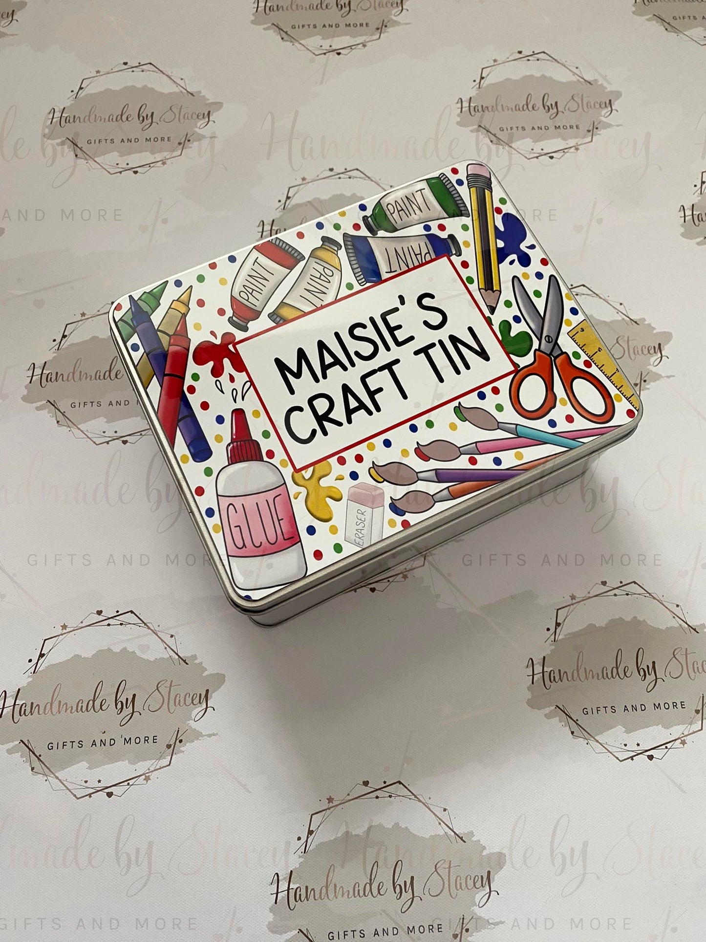 Personalised Novelty Metal Tin|Crafting Tin|Paint Pots Glue Scissors Crayons|Birthday Christmas Gift Idea Toddler Child Treat Box