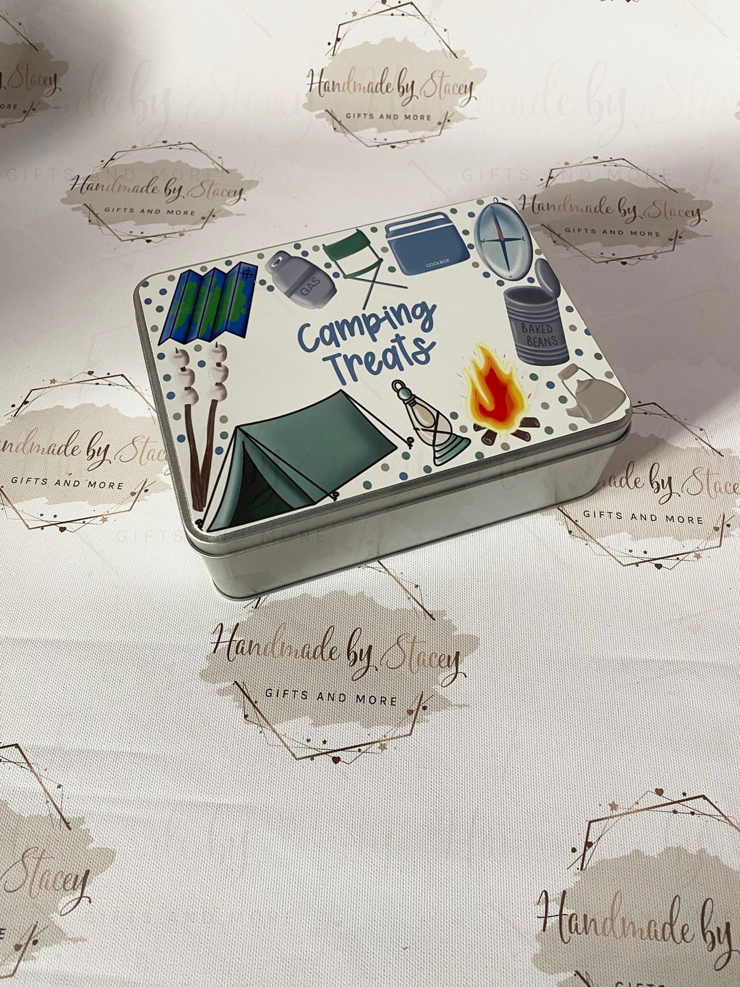 Personalised Novelty Metal Tin|Camping Design|Editable Text|Sweet Biscuit Self Care Box|Treat Idea for Caravan|Tent|Beavers Cups