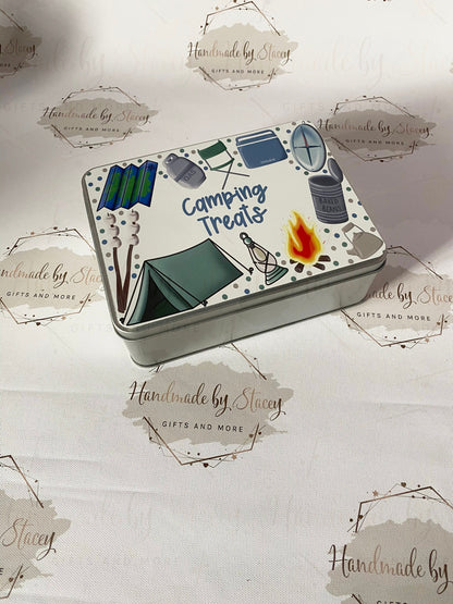 Personalised Novelty Metal Tin|Camping Design|Editable Text|Sweet Biscuit Self Care Box|Treat Idea for Caravan|Tent|Beavers Cups