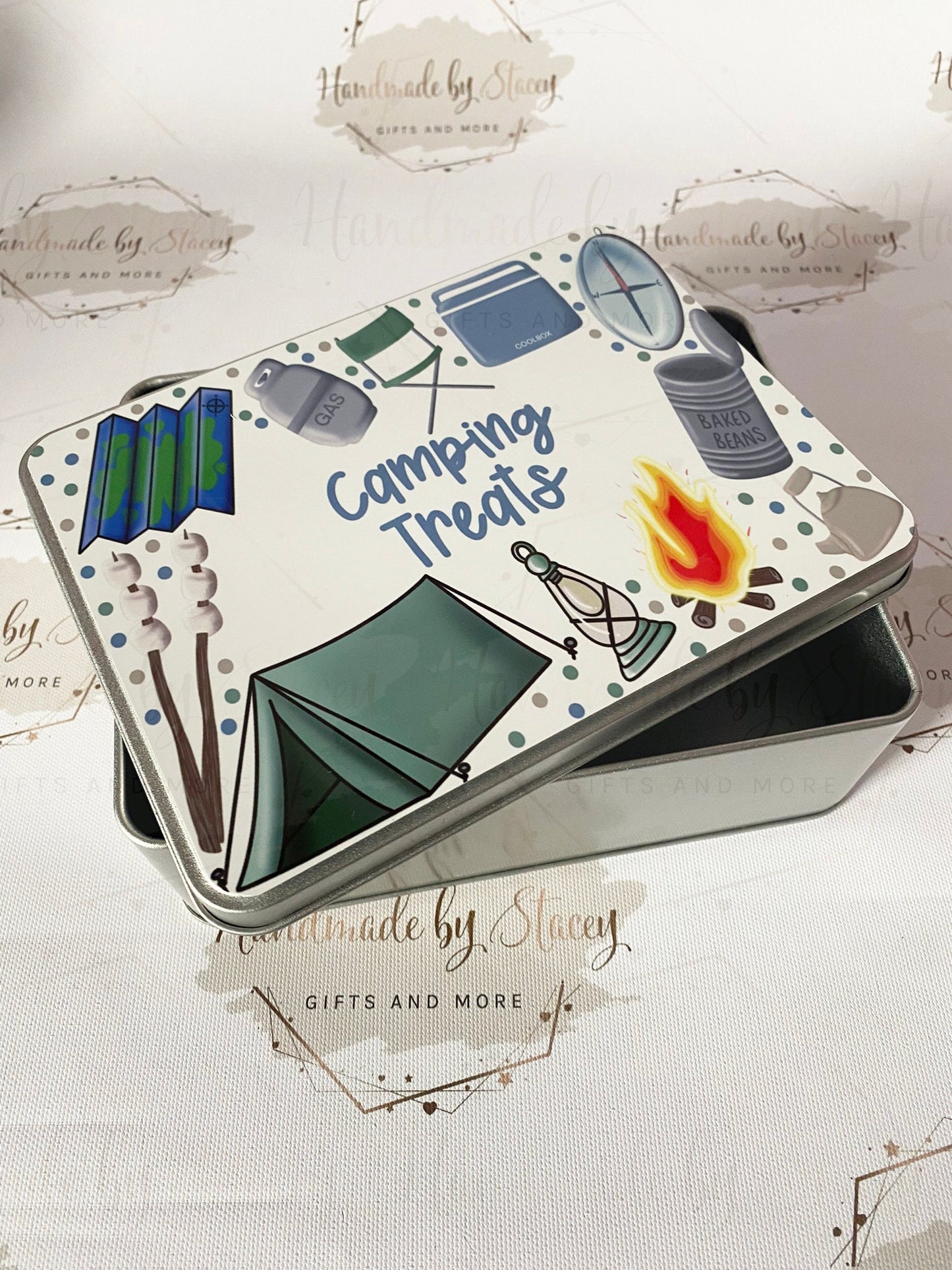 Personalised Novelty Metal Tin|Camping Design|Editable Text|Sweet Biscuit Self Care Box|Treat Idea for Caravan|Tent|Beavers Cups