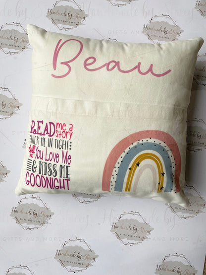 Rainbow Personalised Book Cushion/Pocket Cushion/Gift Idea for Children/Birthday Gift for Son/Daughter/Reading Keepsake Bedroom Decor
